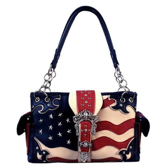Women Navy Western Flag Collection Embroidery Satchel Handbag - Picture 1 of 2